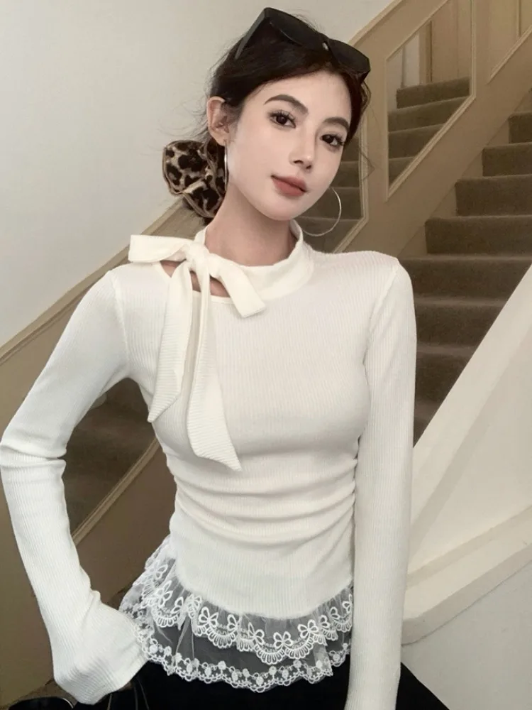 Pure Desire Knot Design Long Sleeve round Neck Lace Trim Base Shirt Inner Wear Top Ladylike Commute Style T-Shirt
Pure Desire Knot Design Long Sleeve round Neck Lace Trim Base Shirt Inner Wear Top Ladylike Commute Style T-Shirt