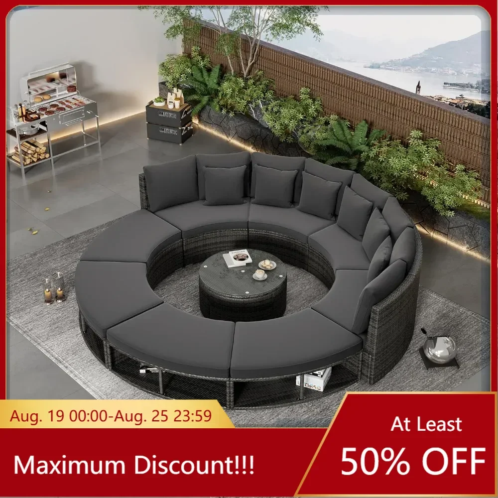 Outdoor Patio Conversation Set Circular Outdoor Sofa Set Rattan Wicker Sectional Sofa Lounge Set with Tempered Coffee Table
Outdoor Patio Conversation Set Circular Outdoor Sofa Set Rattan Wicker Sectional Sofa Lounge Set with Tempered Coffee Table