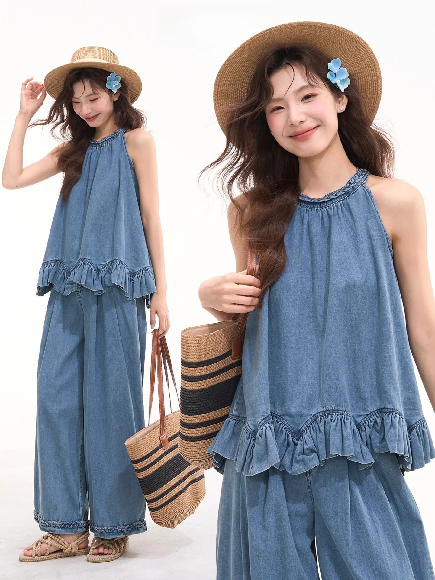 Heme Chiang Mai Bar Casual Pants Two-Piece Set Women Summer Loose Fit Denim Neck Hanging Top with Lace Trimmed Bottoms
Heme Chiang Mai Bar Casual Pants Two-Piece Set Women Summer Loose Fit Denim Neck Hanging Top with Lace Trimmed Bottoms