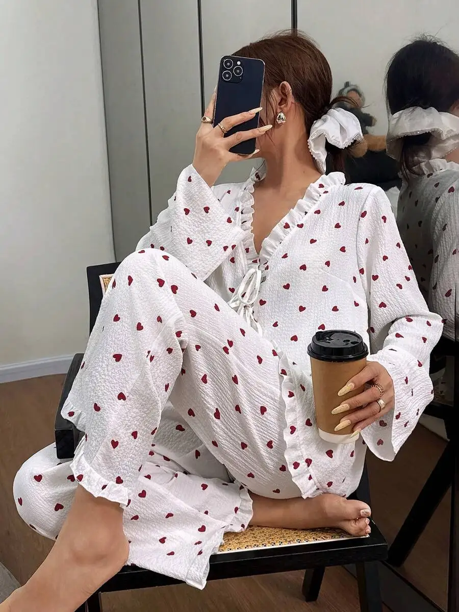 Romantic Heart Print Ruffle Bowknot Sleepwear Pajama Set For Women
Romantic Heart Print Ruffle Bowknot Sleepwear Pajama Set For Women