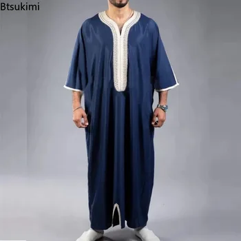 남성용 아랍 무슬림 패션 이슬람 의류, 자수 Jubba Thobes Homme, 모로코 Kaftan Eid Prayer 긴 가운 원피스, 2024 신제품
