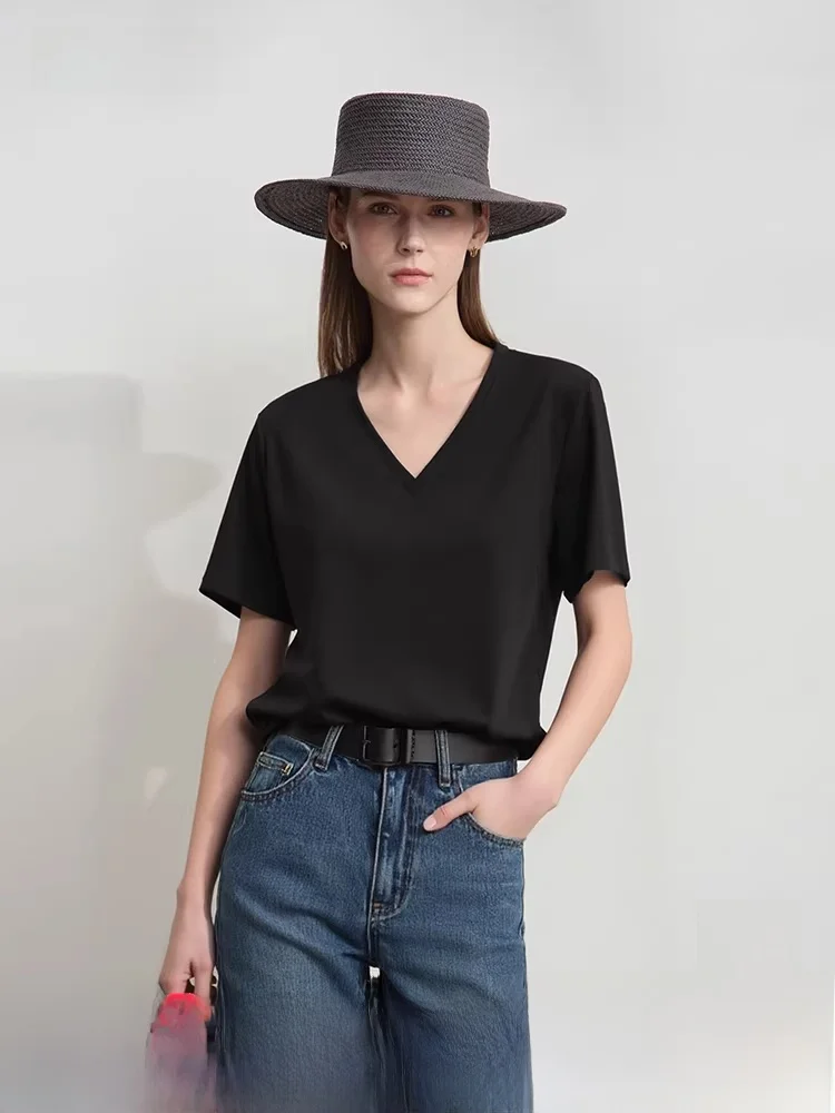 Новая летняя повседневная женская футболка с V-образным вырезом и коротким рукавом из эластичной ткани, комфортный топ прямого кроя из смесового волокна
Новая летняя повседневная женская футболка с V-образным вырезом и коротким рукавом из эластичной ткани, комфортный топ прямого кроя из смесового волокна