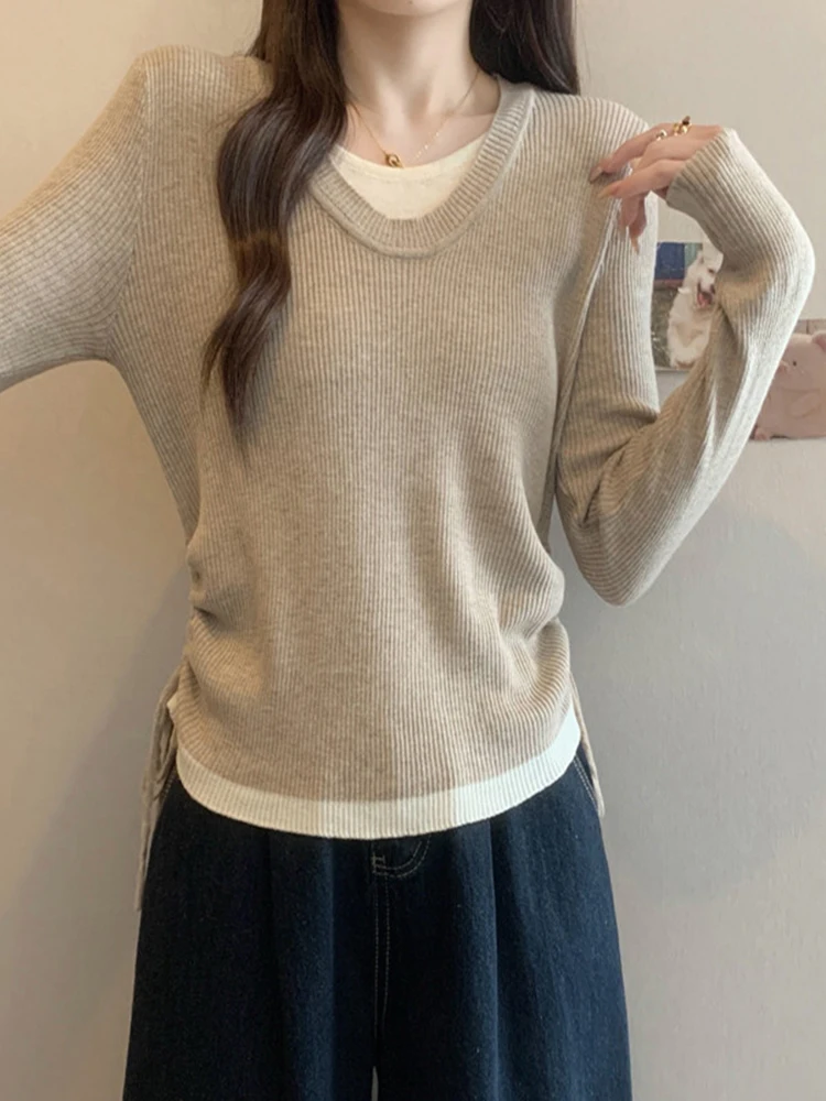 Oversized Fashion Design Pullovers Fake Two Piece Draw String Contrast Color Knit Tops Female Slim Sweaters 2025 Women Clothing
Oversized Fashion Design Pullovers Fake Two Piece Draw String Contrast Color Knit Tops Female Slim Sweaters 2025 Women Clothing
