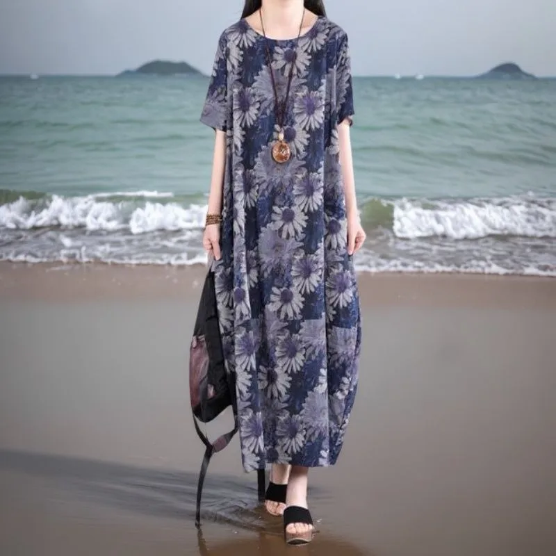 Women's Blue Floral Print Linen Blend Maxi Dress Crew Neck Short Sleeve Loose Casual Beach Dress
Women's Blue Floral Print Linen Blend Maxi Dress Crew Neck Short Sleeve Loose Casual Beach Dress