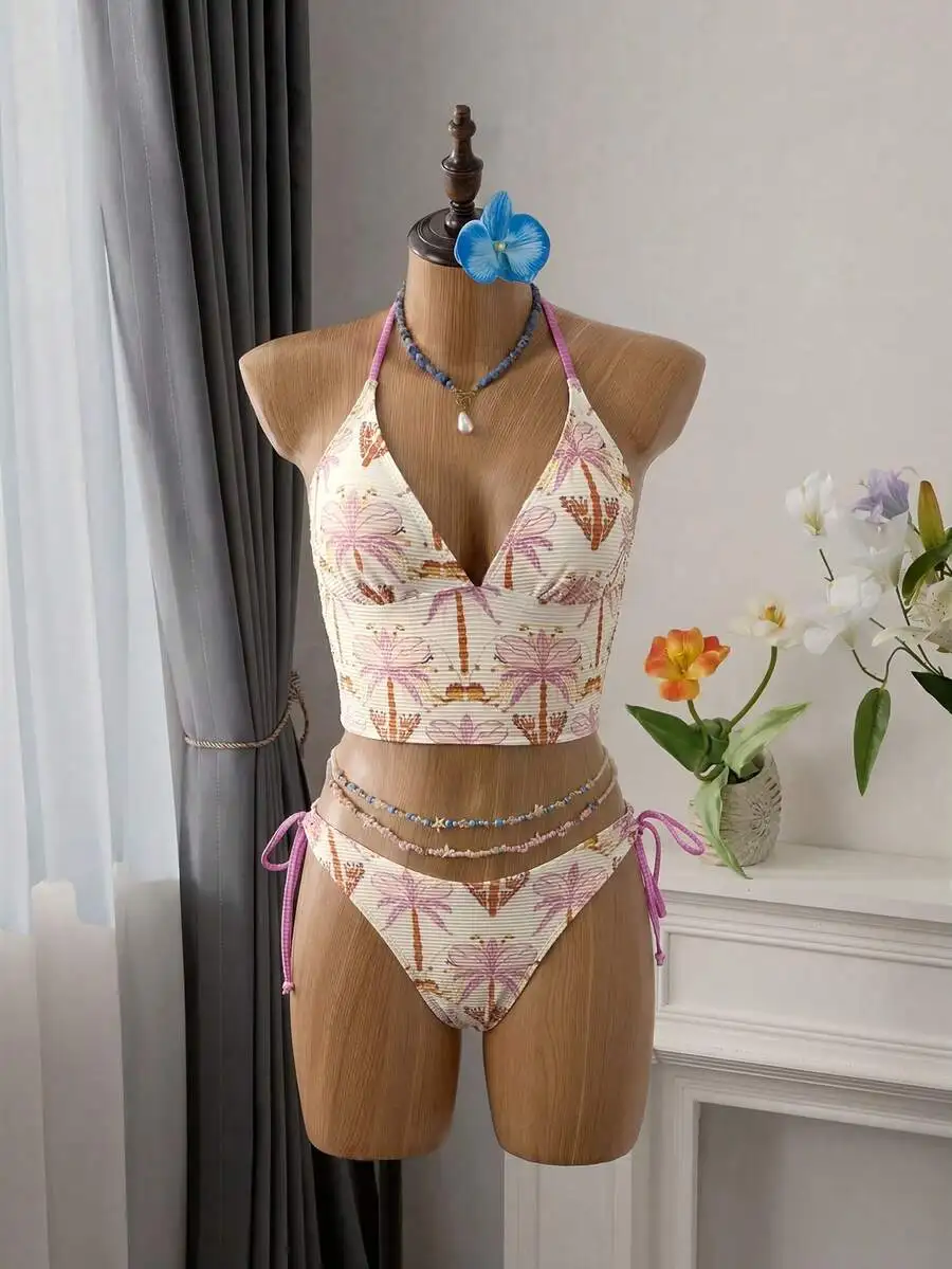 Women’s Cream Base Palm & Floral Print Halter Bikini Set With Adjustable Side Tie Bottoms, Boho Summer Beach Swimwear
Women’s Cream Base Palm & Floral Print Halter Bikini Set With Adjustable Side Tie Bottoms, Boho Summer Beach Swimwear