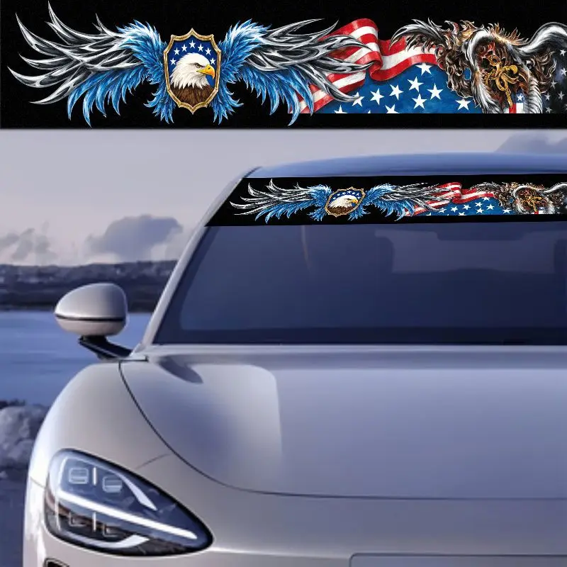 A patriotic eagle wing sticker, attached to the front windshield of your car, showing off bright blue and white feathered wings,
A patriotic eagle wing sticker, attached to the front windshield of your car, showing off bright blue and white feathered wings,