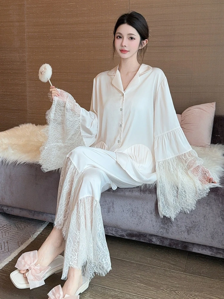 Fashion Lace Fairy Pajamas 2025 New Elegant Satin Long Sleeve Sleepwear Pants 2 Piece Set Outer Wear Thin Women's Home Clothes
Fashion Lace Fairy Pajamas 2025 New Elegant Satin Long Sleeve Sleepwear Pants 2 Piece Set Outer Wear Thin Women's Home Clothes