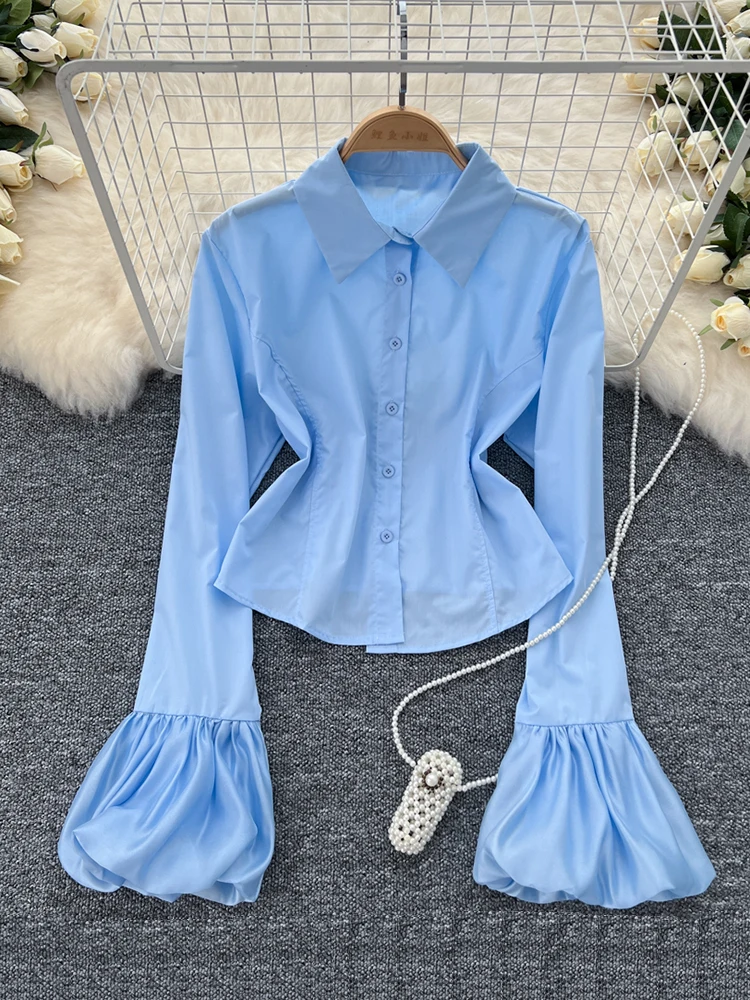 Spring Autumn Solid Color Polo Collar Shirt Women's European American Style New Splicing Horn Sleeve Short Simple Blouse C127
Spring Autumn Solid Color Polo Collar Shirt Women's European American Style New Splicing Horn Sleeve Short Simple Blouse C127