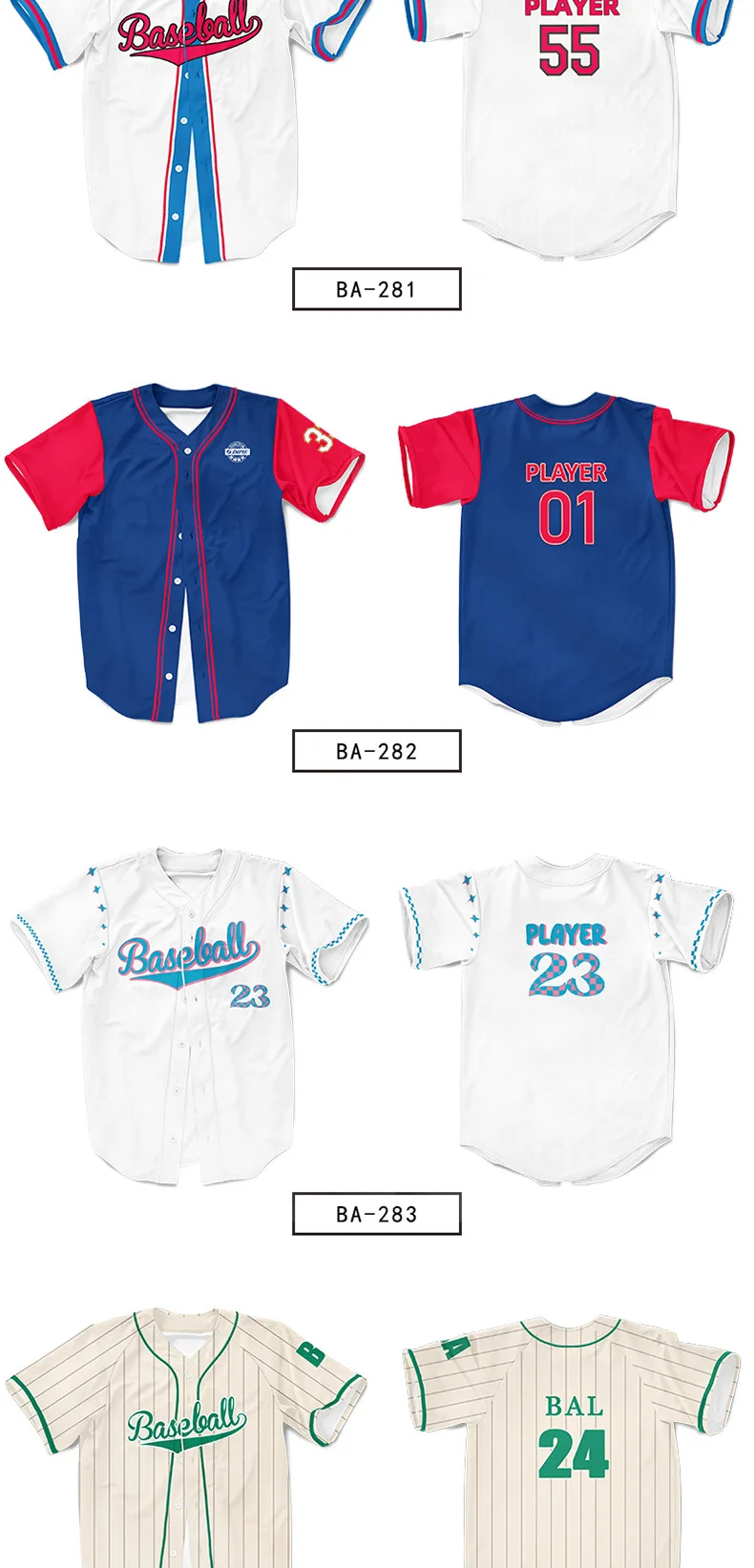 Baseball Suit Softball Suit Training Suit Jersey Customized Quick-drying Breathable Thermal Transfer Embroidery Process Printing
Baseball Suit Softball Suit Training Suit Jersey Customized Quick-drying Breathable Thermal Transfer Embroidery Process Printing