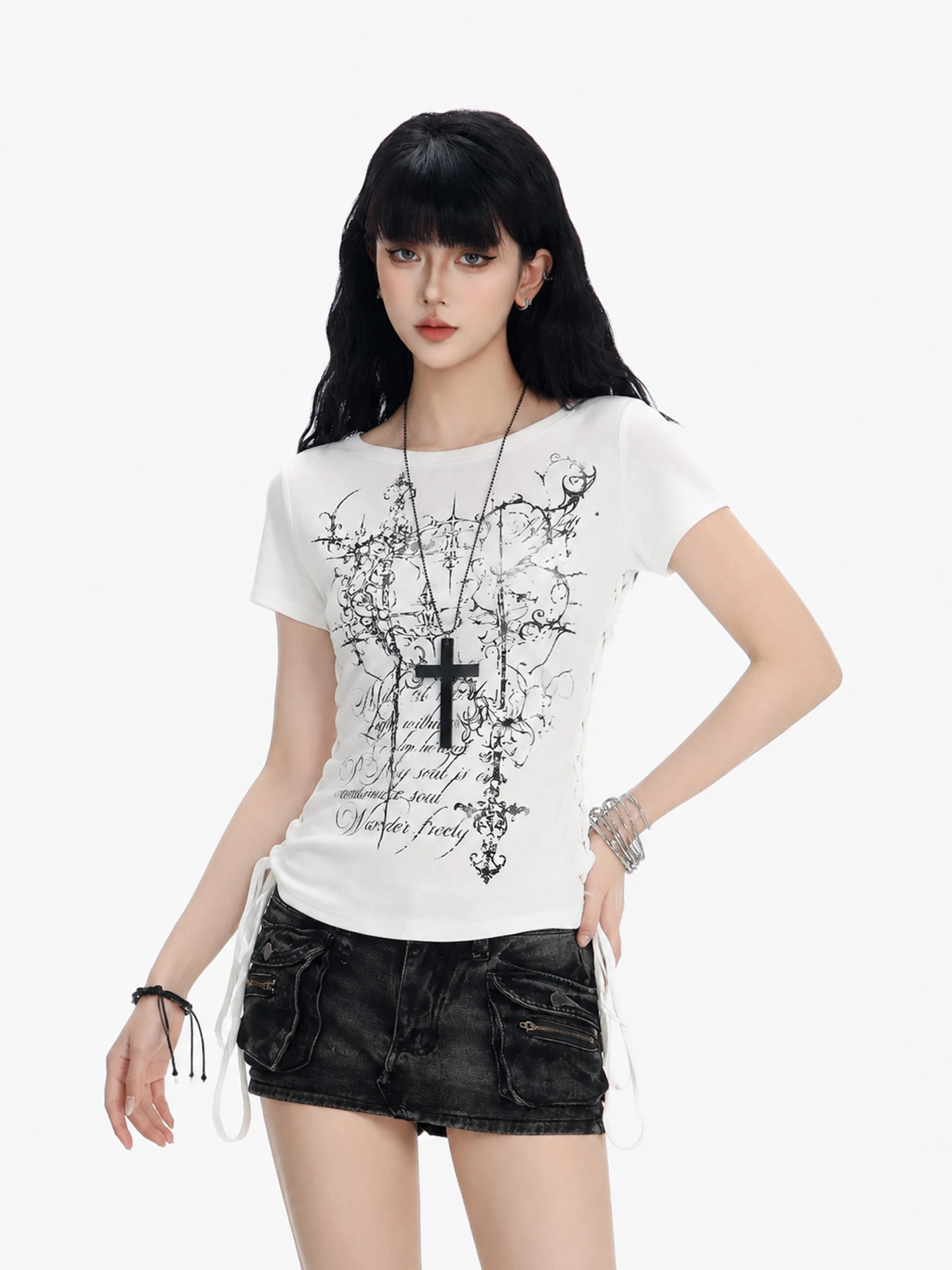 Sweet Cool Gothic Print Short Sleeve T-Shirt Women's Side Drawstring Design Slimming Short Style Top Cotton Polyester Blend S...
Sweet Cool Gothic Print Short Sleeve T-Shirt Women's Side Drawstring Design Slimming Short Style Top Cotton Polyester Blend S...