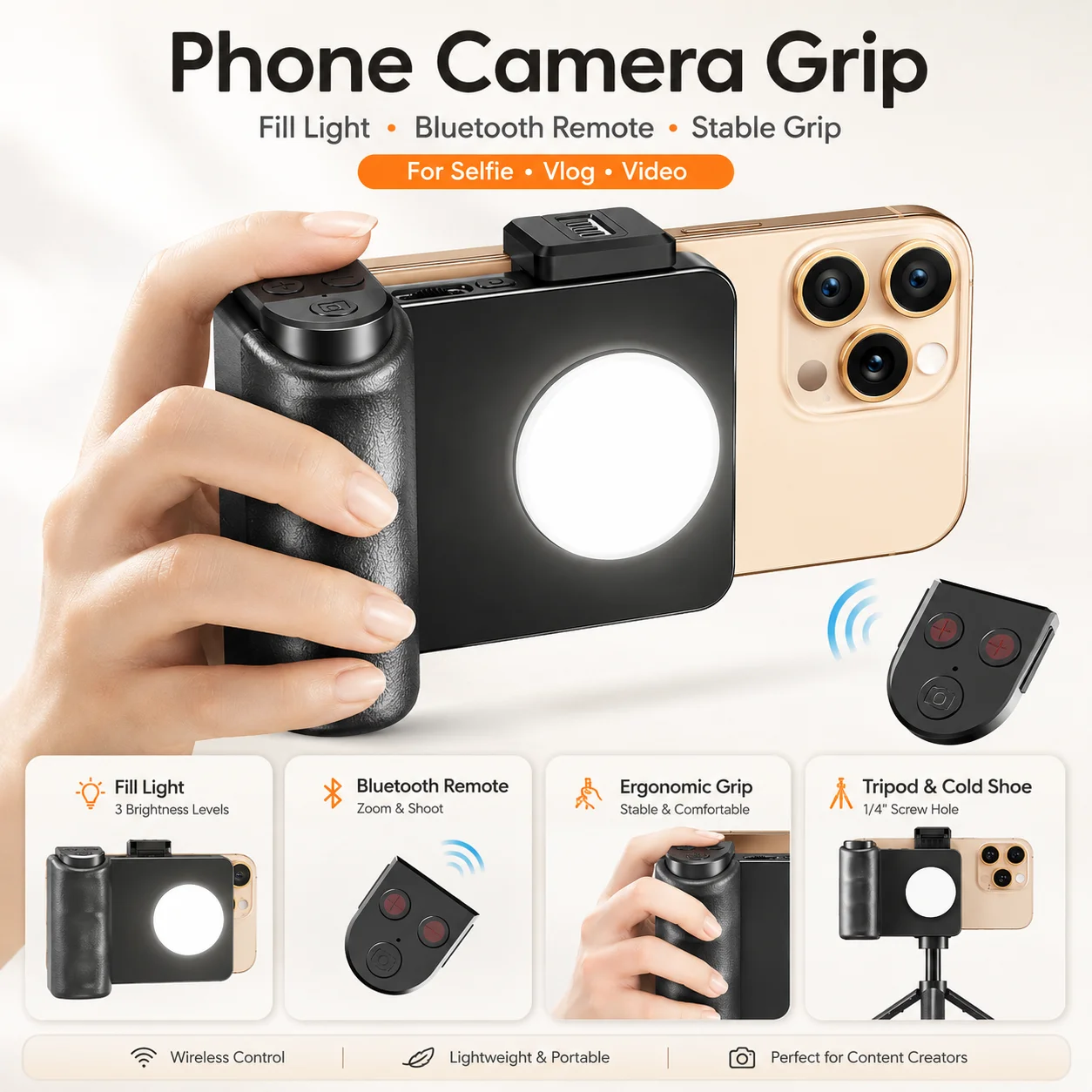 Bluetooth Phone Camera Grip with Fill Light Remote Shutter Vlog Handle Tripod Mount for iPhone Android Selfie Video Shooting
Bluetooth Phone Camera Grip with Fill Light Remote Shutter Vlog Handle Tripod Mount for iPhone Android Selfie Video Shooting
