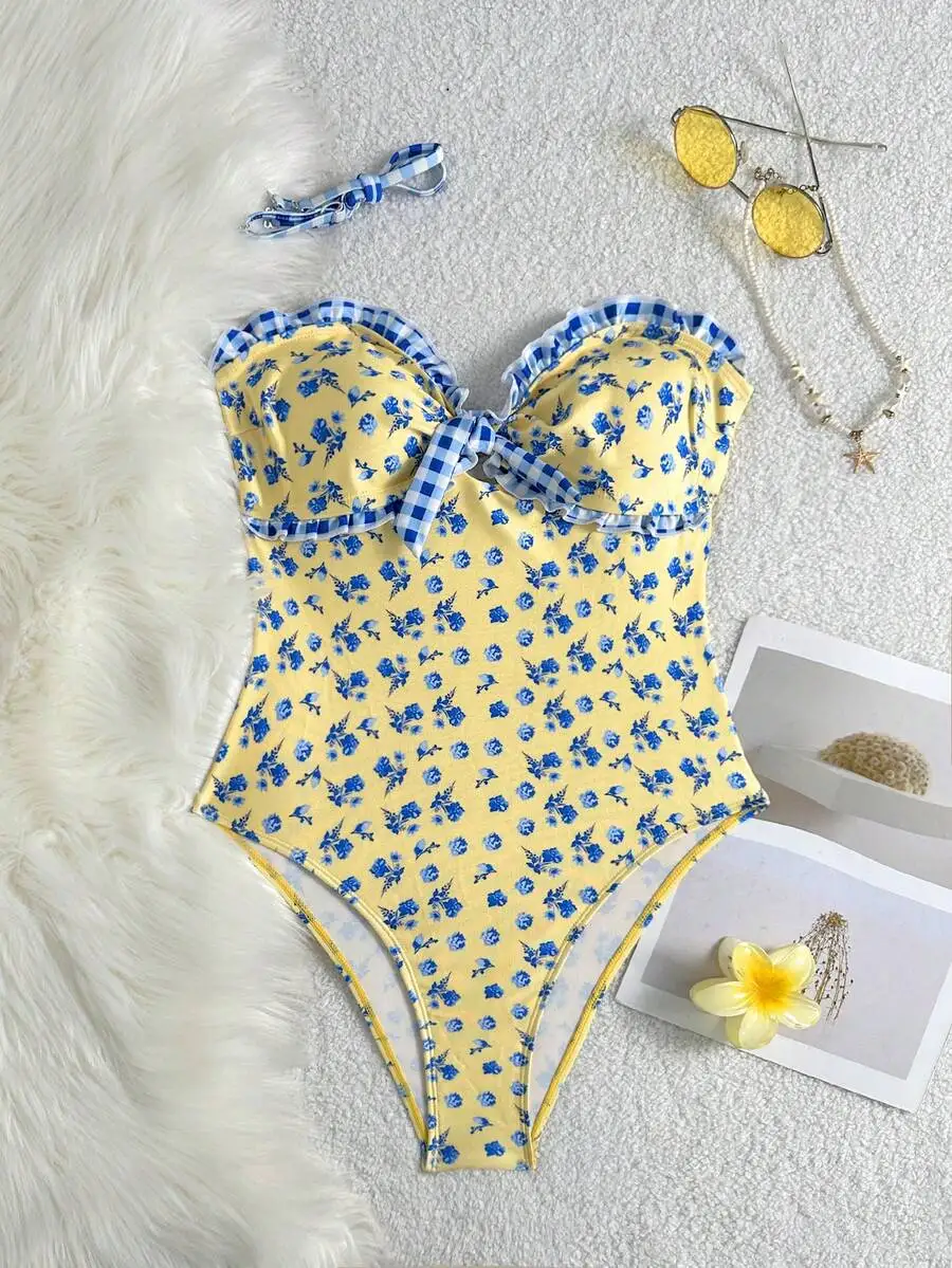 Womens One-Piece Swimsuit With Blue Floral Print, Strapless Ruffle Design, Waist Slimming Bust Enhancing
Womens One-Piece Swimsuit With Blue Floral Print, Strapless Ruffle Design, Waist Slimming Bust Enhancing