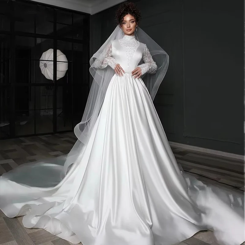 High-Neck Exquisite Wedding Dress Embroidered Lace On Satin With A-Line Ball Gown Fullsleeve Bride Customized Robe MariéE Satin
High-Neck Exquisite Wedding Dress Embroidered Lace On Satin With A-Line Ball Gown Fullsleeve Bride Customized Robe MariéE Satin