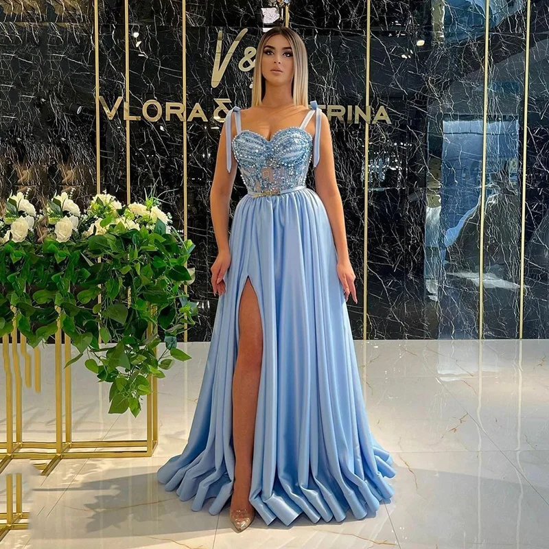 Summer Beach Boho Sky Blue Evening Dress With Sashes Pearl Beads Side Split Formal Prom Dress Women Gowns Homecoming vestidos
Summer Beach Boho Sky Blue Evening Dress With Sashes Pearl Beads Side Split Formal Prom Dress Women Gowns Homecoming vestidos