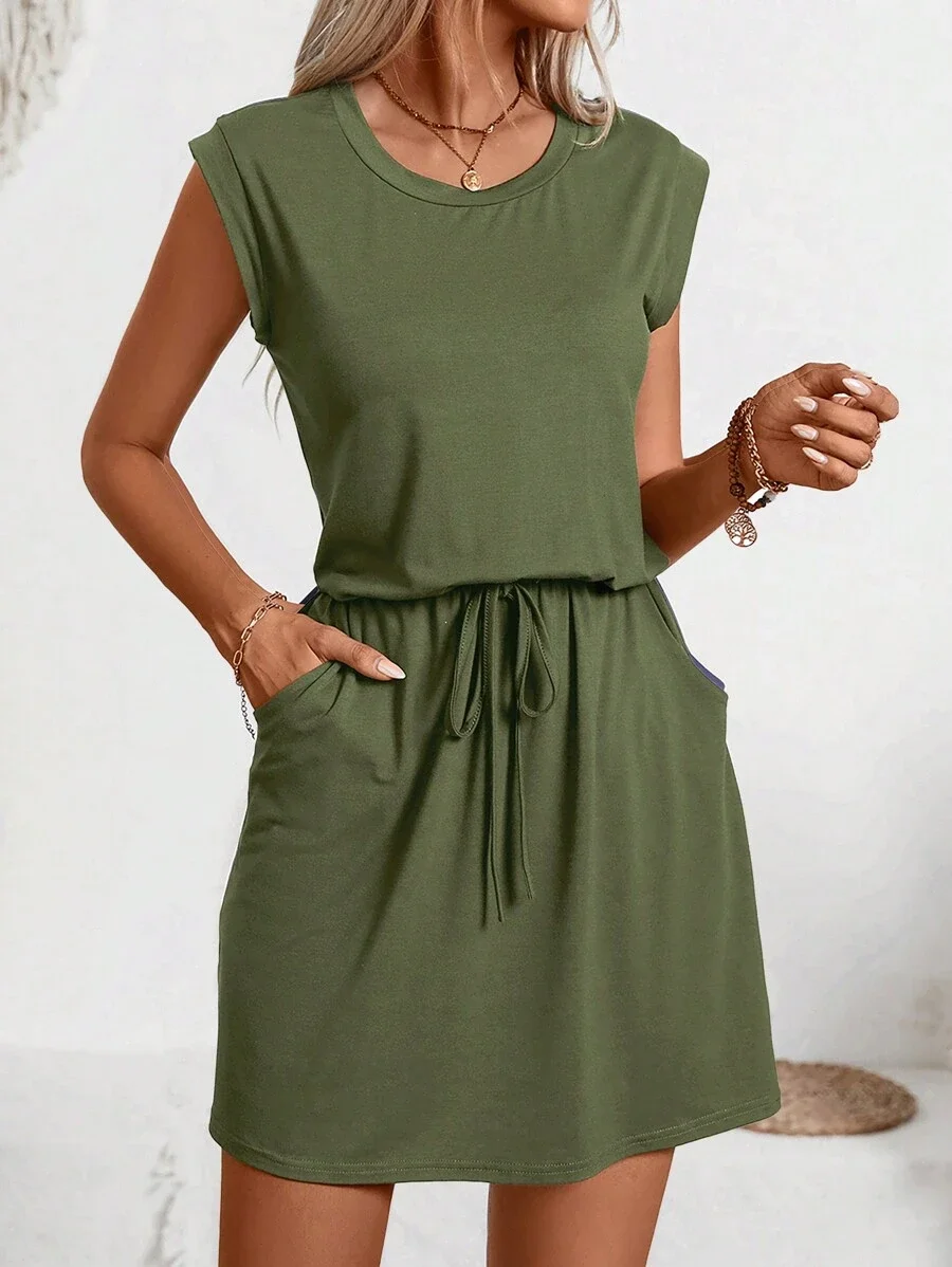 Women Solid Color Short Sleeve Dress With Drawstring Waist Casual Summer
Women Solid Color Short Sleeve Dress With Drawstring Waist Casual Summer