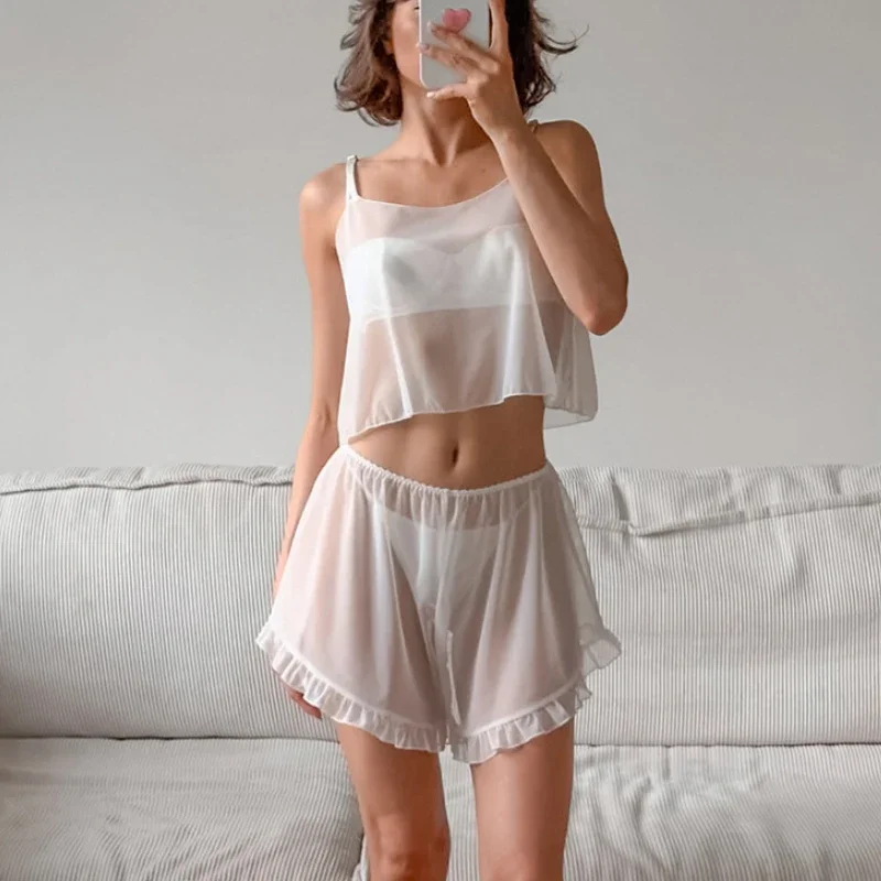 Spring White Lingerie Chiffon Sexy Perspective Pajamas for Women Suspender Shorts Home Clothes Soft Two-piece Set Sleepwear
Spring White Lingerie Chiffon Sexy Perspective Pajamas for Women Suspender Shorts Home Clothes Soft Two-piece Set Sleepwear