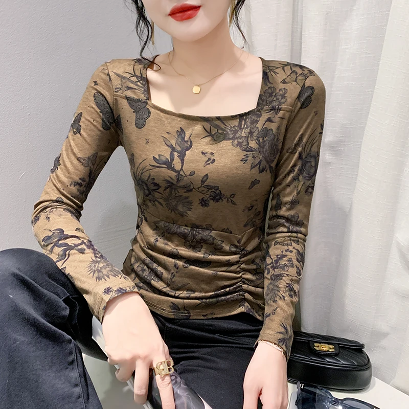 2023 New Fall Winter European Clothes Mesh T-Shirt Chic Sexy U-Neck Print Ruched Women Tops Long Sleeve Elastic S-4XL Tees 30006 
2023 New Fall Winter European Clothes Mesh T-Shirt Chic Sexy U-Neck Print Ruched Women Tops Long Sleeve Elastic S-4XL Tees 30006