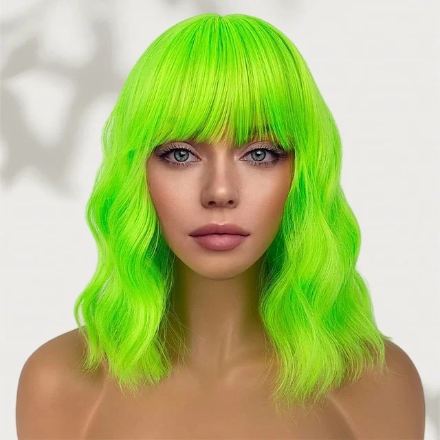 Fluorescent green short wavy wig with bangs, synthetic full wig, suitable for cosplay, Halloween, and festive parties
Fluorescent green short wavy wig with bangs, synthetic full wig, suitable for cosplay, Halloween, and festive parties