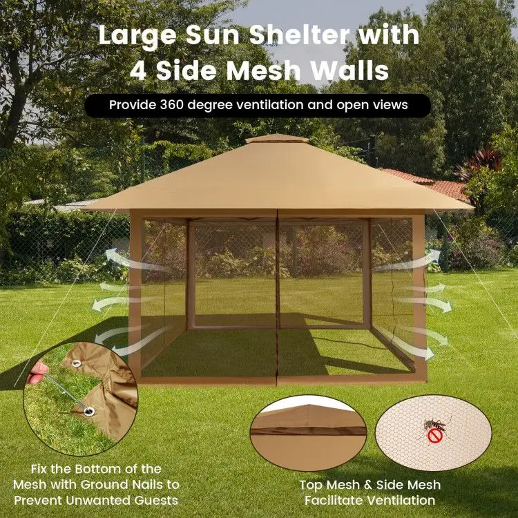 Canopy Tent Gazebo Pavilion with Mesh Sidewall 13 X 13 Feet Pop-Up Instant
Canopy Tent Gazebo Pavilion with Mesh Sidewall 13 X 13 Feet Pop-Up Instant