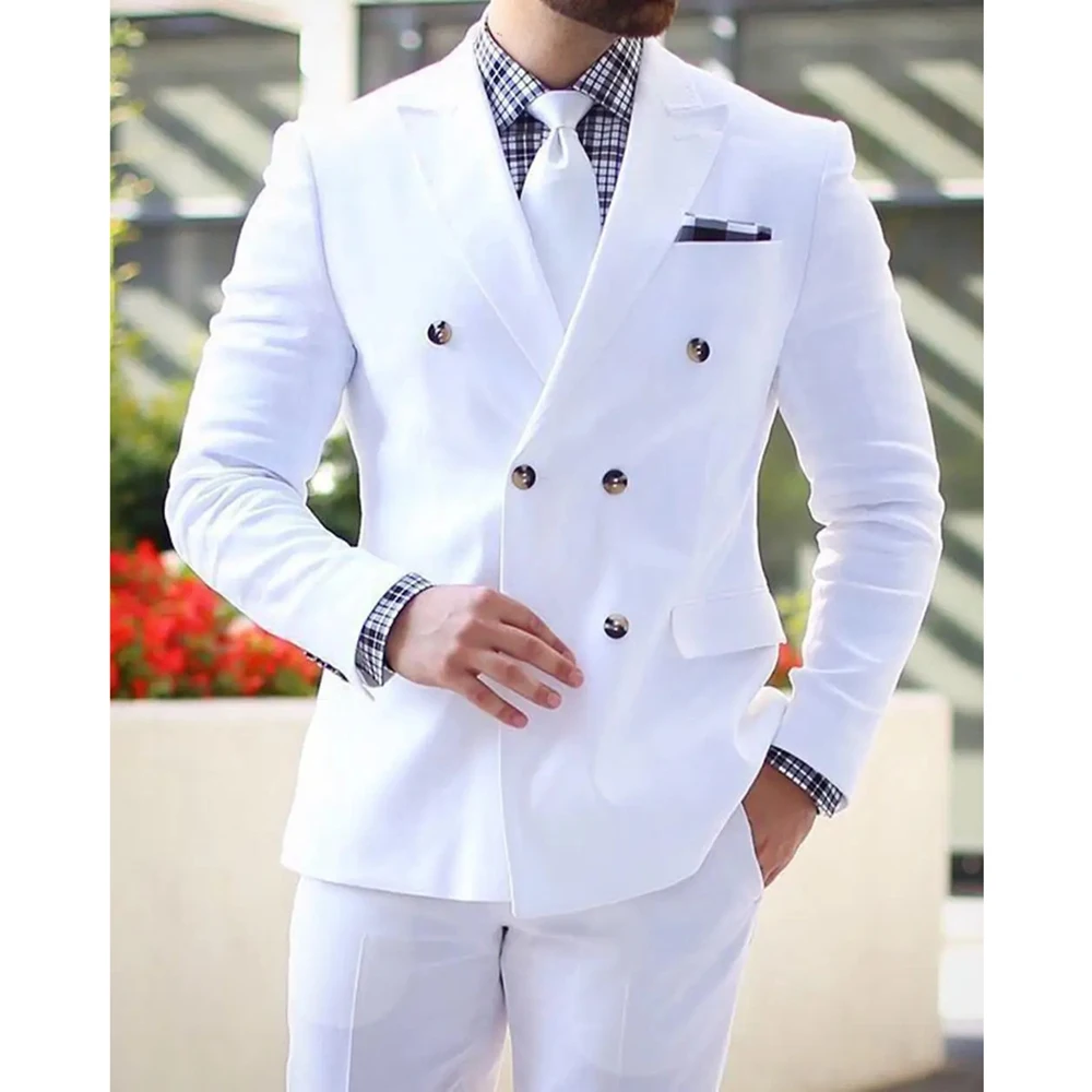 White Men Suits Elegant Double Breasted Peak Lapel Wedding Groom Tuxedos 2 Piece Solid Color Formal Business Casual Suits
White Men Suits Elegant Double Breasted Peak Lapel Wedding Groom Tuxedos 2 Piece Solid Color Formal Business Casual Suits