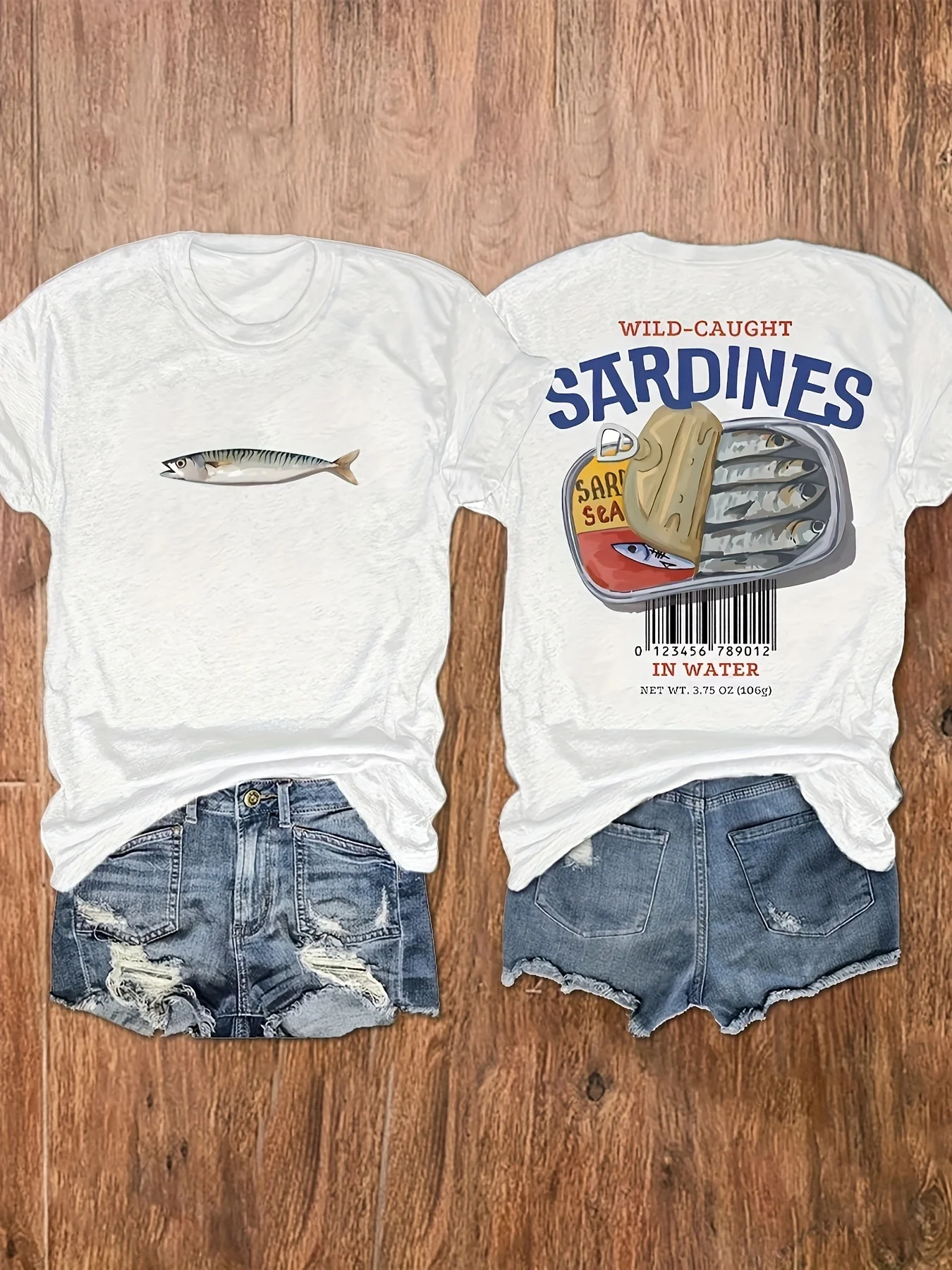 fashionable and versatile Sardines can and letter print round neck T-shirt casual vacation women's short-sleeved top
fashionable and versatile Sardines can and letter print round neck T-shirt casual vacation women's short-sleeved top