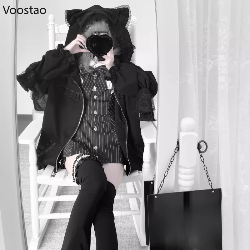 Милое пальто в японском стиле в стиле Лолиты, женская готическая винтажная кавайная кружевная куртка с капюшоном, женская Harajuku Y2k, корейская модная одежда, топы 
Милое пальто в японском стиле в стиле Лолиты, женская готическая винтажная кавайная кружевная куртка с капюшоном, женская Harajuku Y2k, корейская модная одежда, топы