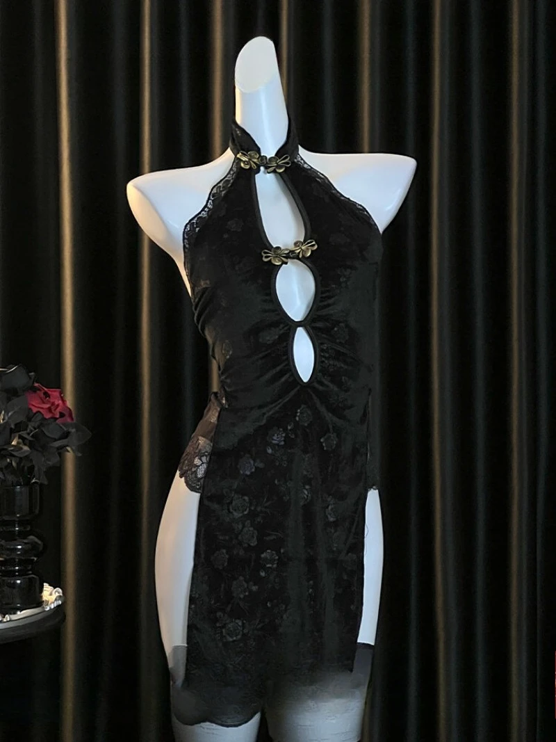 Классический сексуальный бархатный Cheongsam с открытой спиной, романтическая ночная рубашка с вырезом и высоким разрезом, очаровательный комплект прозрачного нижнего белья, женский
Классический сексуальный бархатный Cheongsam с открытой спиной, романтическая ночная рубашка с вырезом и высоким разрезом, очаровательный комплект прозрачного нижнего белья, женский