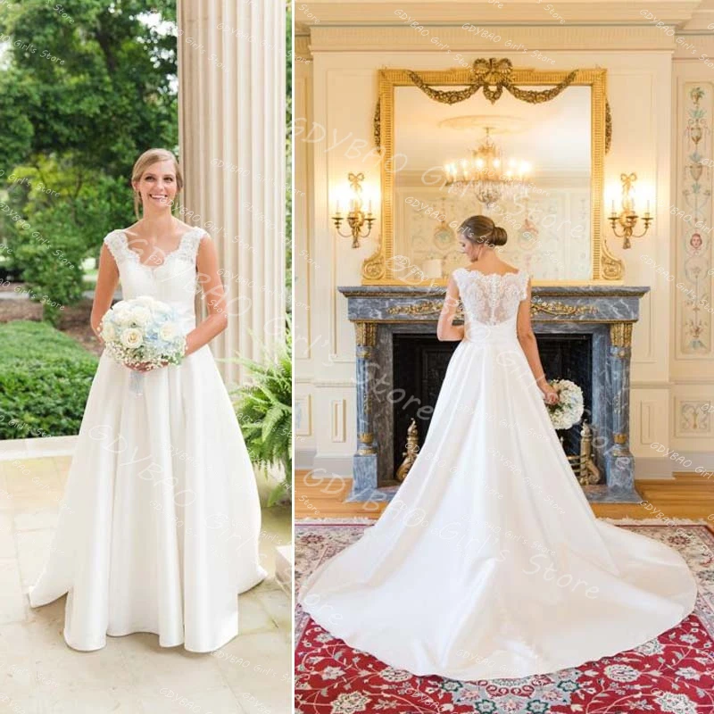 White Wedding Dresses for Bride 2025 V Neck Lace Bridal Party Gowns With Train Customized A-line Women‘s Formal Evening Frock
White Wedding Dresses for Bride 2025 V Neck Lace Bridal Party Gowns With Train Customized A-line Women‘s Formal Evening Frock