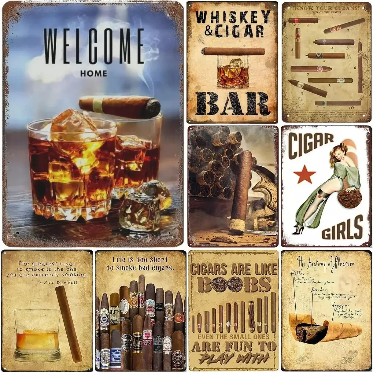 Retro Metal Painting Vintage Whiskey Cigar Signs Plaque Posters for Man Cave Home Cafe Garden Club Bar Wall Decor Tin Poster
Retro Metal Painting Vintage Whiskey Cigar Signs Plaque Posters for Man Cave Home Cafe Garden Club Bar Wall Decor Tin Poster