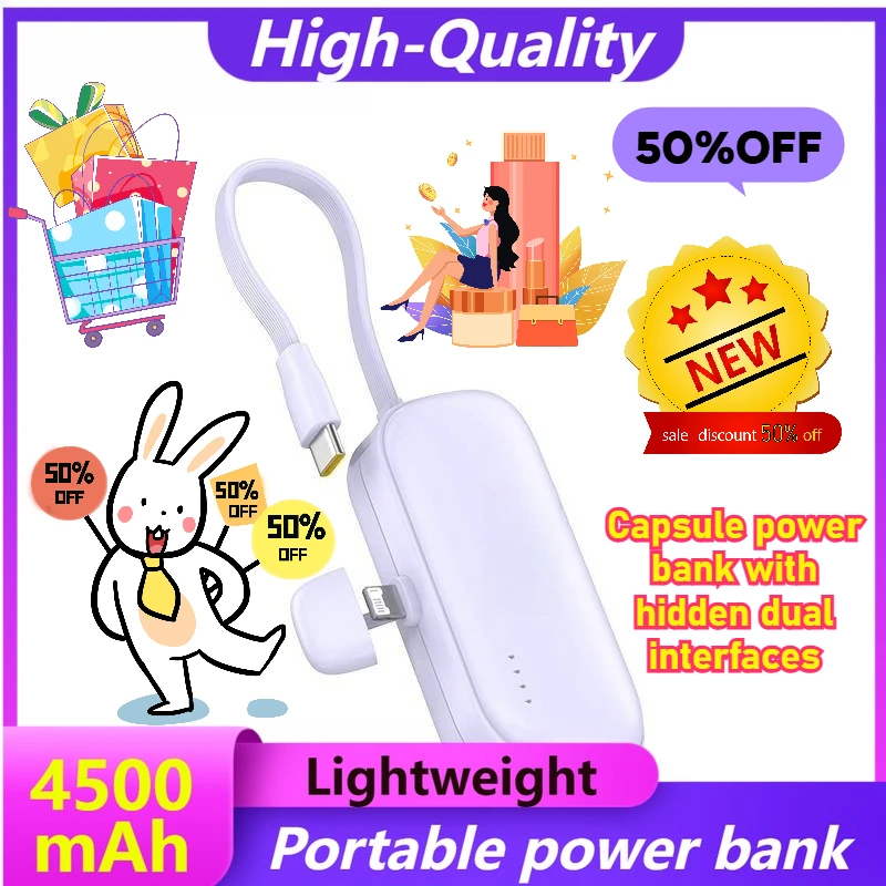 4500mAh Mini Mobile Power Bank Capsule Shaped Power Bank with Hidden Dual Interface Compact Portable
4500mAh Mini Mobile Power Bank Capsule Shaped Power Bank with Hidden Dual Interface Compact Portable