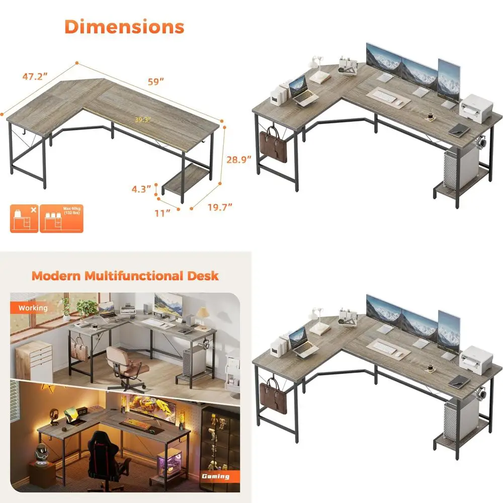 Large 59 L-Shaped Gaming Desk with CPU Stand and Hooks, Grey, Ideal for Home Office or Bedroom Workspace
Large 59 L-Shaped Gaming Desk with CPU Stand and Hooks, Grey, Ideal for Home Office or Bedroom Workspace