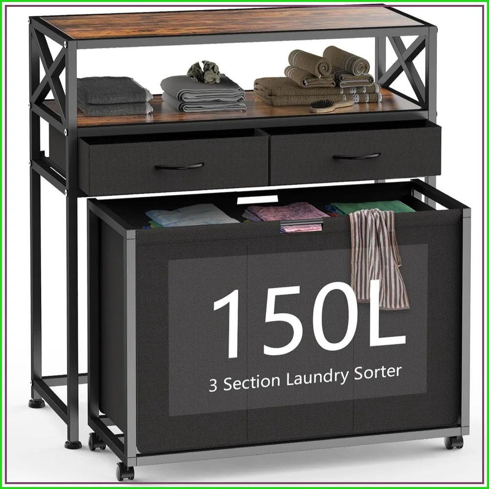 150L 3-Section Rolling Laundry Sorter Cart with Shelves, Drawers & Wheels, Pull-Out Bags for Bedroom, Bathroom, Laundry Room
150L 3-Section Rolling Laundry Sorter Cart with Shelves, Drawers & Wheels, Pull-Out Bags for Bedroom, Bathroom, Laundry Room