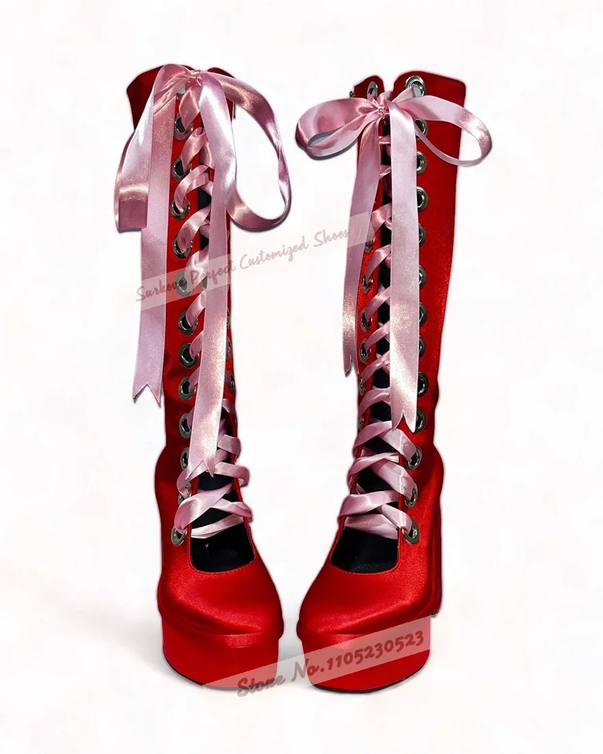 Red Pink Satin Fabric Platform Knee High Sandal Boots Ribband Lace-Up Ring Buckle Heart Shaped Chunky Heel Tied Summer Boots
Red Pink Satin Fabric Platform Knee High Sandal Boots Ribband Lace-Up Ring Buckle Heart Shaped Chunky Heel Tied Summer Boots