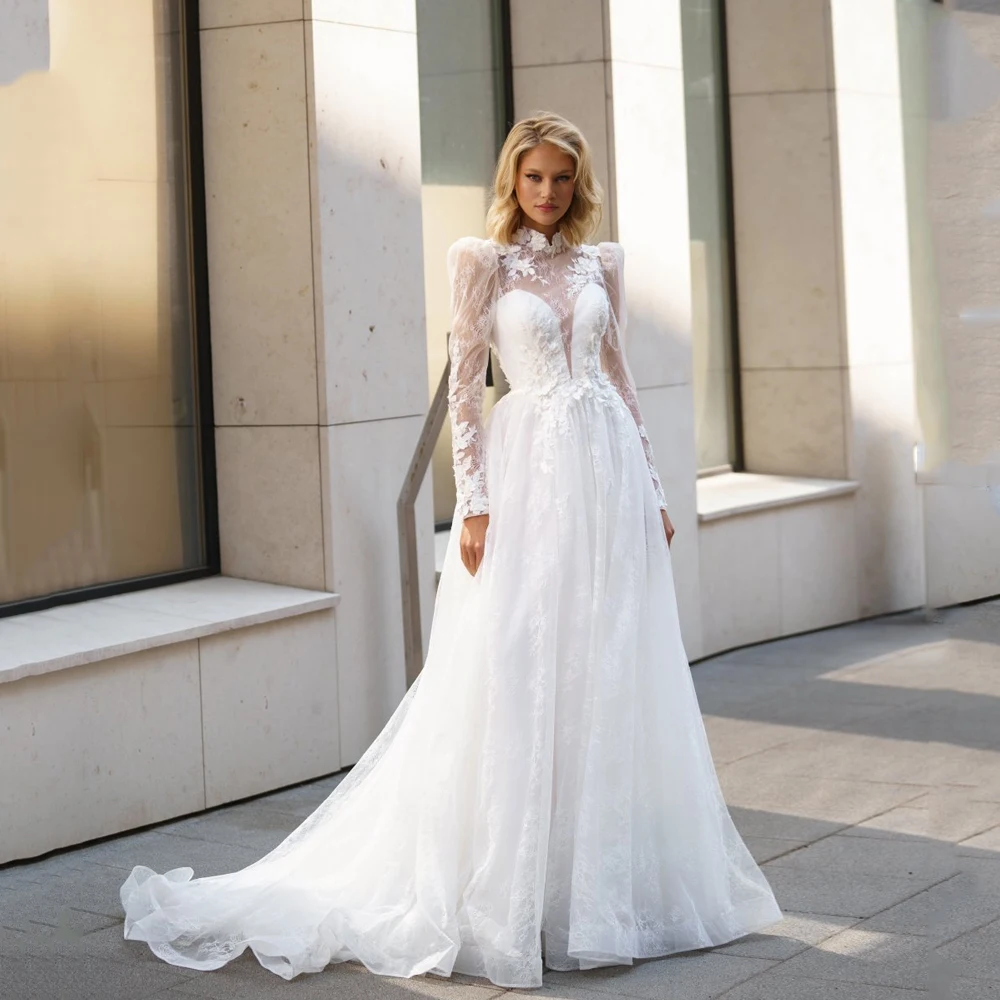 Lace Luxury Wedding Dresses for Women Long Sleeve Backless Flowers Applique A-Line Sexy Robe De Mariee for Brides Customized
Lace Luxury Wedding Dresses for Women Long Sleeve Backless Flowers Applique A-Line Sexy Robe De Mariee for Brides Customized