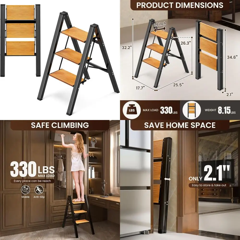 Aluminum 3-Step Folding Ladder with Anti-Slip Treads, Lightweight and Portable for Home, Kitchen, 330 lbs Capacity, Black Woodgr
Aluminum 3-Step Folding Ladder with Anti-Slip Treads, Lightweight and Portable for Home, Kitchen, 330 lbs Capacity, Black Woodgr