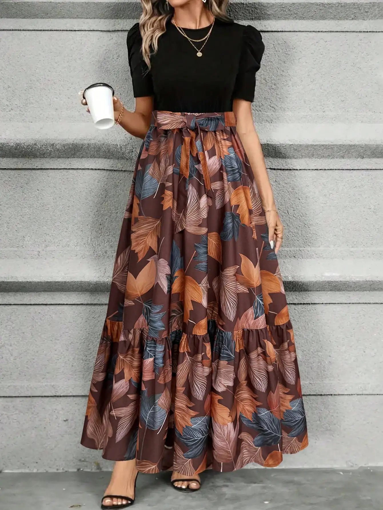 Women's A-Line Maxi Skirt With Puff Sleeve Top, Leaf Print, Bow Waist, Casual Elegant Dress
Women's A-Line Maxi Skirt With Puff Sleeve Top, Leaf Print, Bow Waist, Casual Elegant Dress