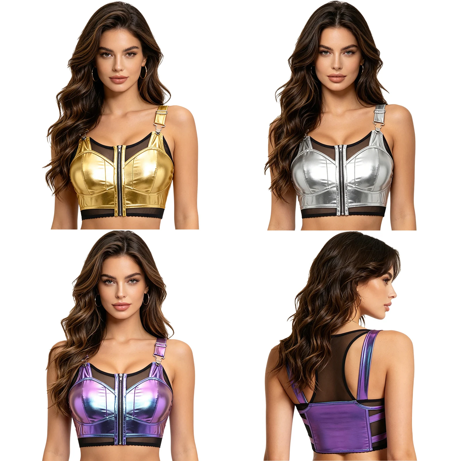 Womens Punk Crop Tank Top Metallic And Sheer Mesh Adjustable Straps Front Zipper Cutout Vest Crop Top for Jazz Dance Club Party
Womens Punk Crop Tank Top Metallic And Sheer Mesh Adjustable Straps Front Zipper Cutout Vest Crop Top for Jazz Dance Club Party
