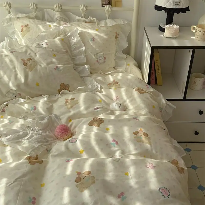 Lime Dr Cotton Lace Bear Bedding Set Cute Cartoon Pure Cotton Four-Piece Bedding eets Duvet Cover Bedding Accories
Lime Dr Cotton Lace Bear Bedding Set Cute Cartoon Pure Cotton Four-Piece Bedding eets Duvet Cover Bedding Accories