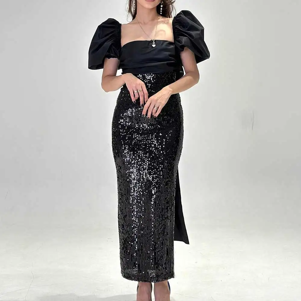 Black Sequin Square Collar Prom Gown Sheath Short Sleeve Backless Draped Sexy Women's Fashion Tea-Length Party Evening Dress
Black Sequin Square Collar Prom Gown Sheath Short Sleeve Backless Draped Sexy Women's Fashion Tea-Length Party Evening Dress