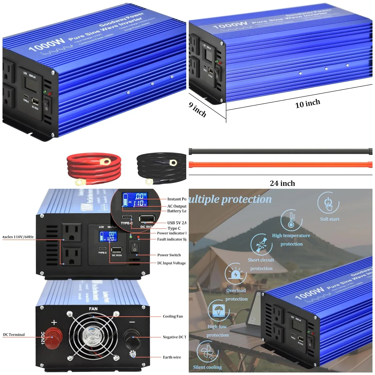12V to 110V Pure Sine Wave Inverter 1000W, 2000W Surge, Dual Sockets, USB & Type-C, LCD Display
12V to 110V Pure Sine Wave Inverter 1000W, 2000W Surge, Dual Sockets, USB & Type-C, LCD Display