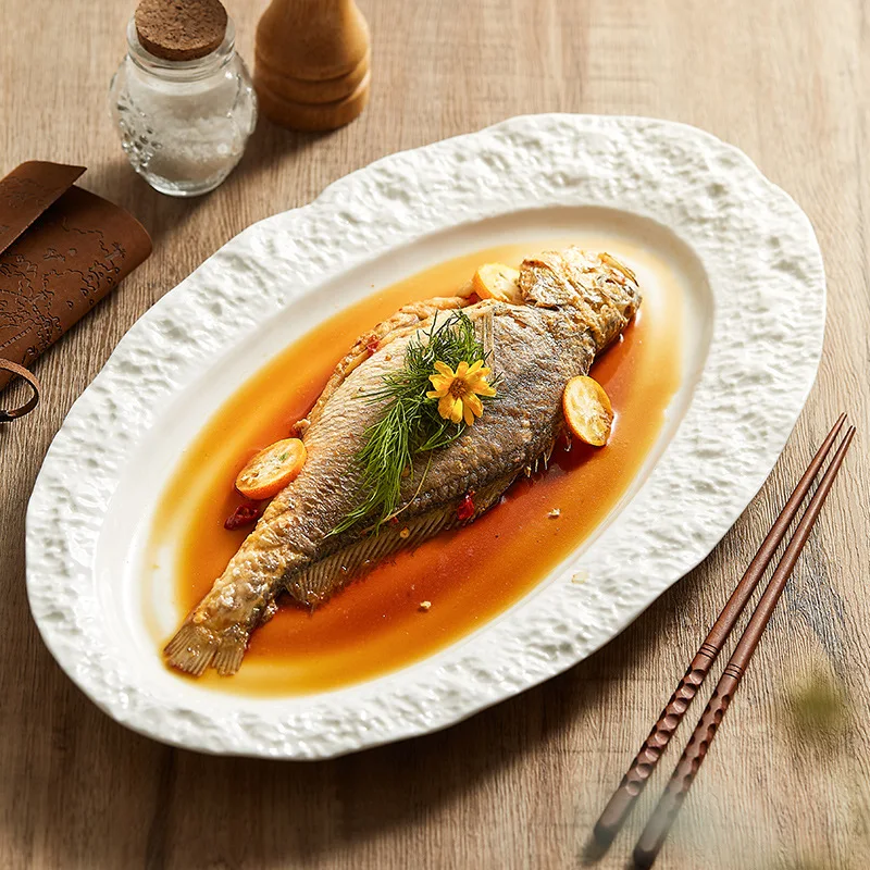 Creative Rock Grain Ceramic Fish Plate,Oval Sashimi Seafood Platter, Pasta Steak Dessert Snack Large Dish for Restaurant Home
Creative Rock Grain Ceramic Fish Plate,Oval Sashimi Seafood Platter, Pasta Steak Dessert Snack Large Dish for Restaurant Home