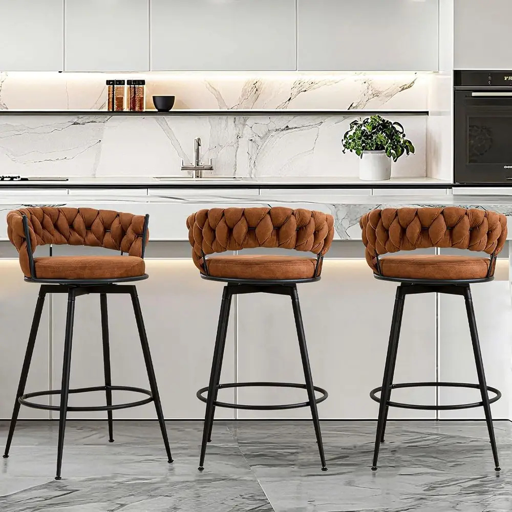 Set of 3, 28 Inch Swivel Bar Stools with Metal Legs, Woven Back, Upholstered Suede, Suitable for Counter Height, Kitchen Island
Set of 3, 28 Inch Swivel Bar Stools with Metal Legs, Woven Back, Upholstered Suede, Suitable for Counter Height, Kitchen Island