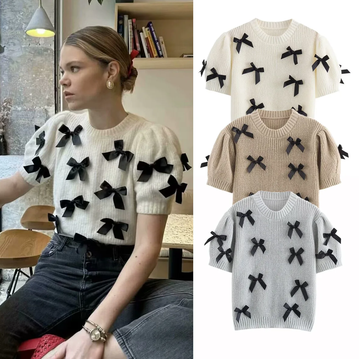Womens Top Spring and Autumn New Style Fashion Bow Knitted Short Sleeve Daily Fashionable Versatile Wear
Womens Top Spring and Autumn New Style Fashion Bow Knitted Short Sleeve Daily Fashionable Versatile Wear