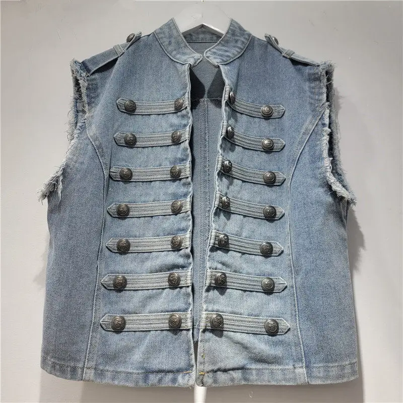 Fashion Multi-Row Button Design Denim Vest Light Blue Stand-Collar Sleeveless Cardigan Spring Women Slim Short Cowboy Waistcoat
Fashion Multi-Row Button Design Denim Vest Light Blue Stand-Collar Sleeveless Cardigan Spring Women Slim Short Cowboy Waistcoat