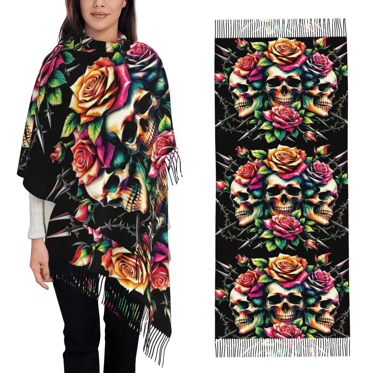 Готический шарф с черепом и цветочным принтом розы и шипами, шарфы с кисточками для женщин, мягкие теплые шали и накидки, длинная осенне-зимняя шаль
Готический шарф с черепом и цветочным принтом розы и шипами, шарфы с кисточками для женщин, мягкие теплые шали и накидки, длинная осенне-зимняя шаль
