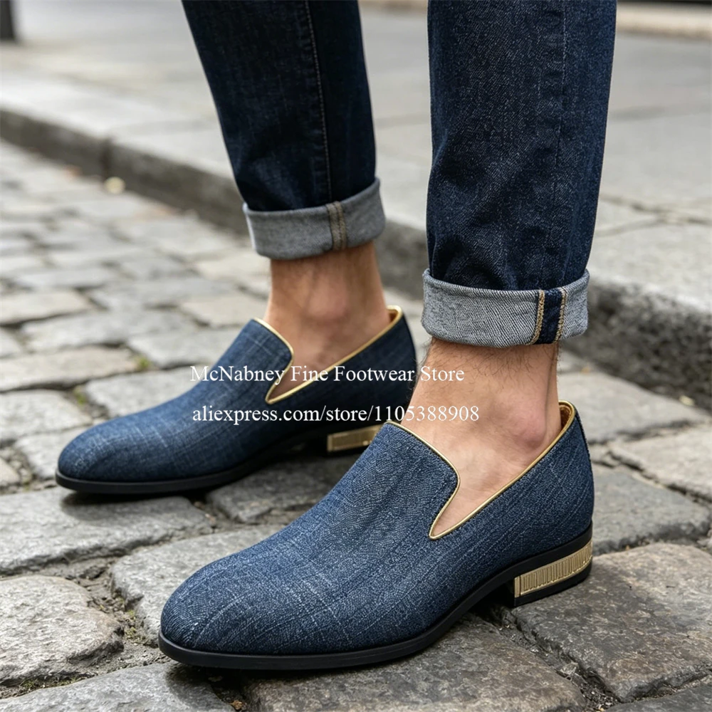 Luxury Denim Blue Gold Trim Metal Heel Flats Loafers Men Round Toe Slip on Dress Shoes Wedding Business Formal Shoes Gentlemen
Luxury Denim Blue Gold Trim Metal Heel Flats Loafers Men Round Toe Slip on Dress Shoes Wedding Business Formal Shoes Gentlemen
