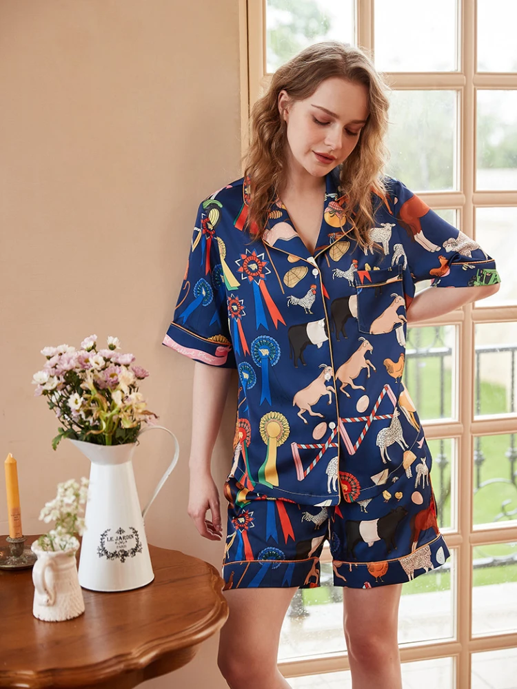 Women Blue Animal Cartoon Suit Ins Style Print Ice Silk Pajamas Summer Shorts Sleepwear Short Sleeves Shirt Ladies Home Clothes
Women Blue Animal Cartoon Suit Ins Style Print Ice Silk Pajamas Summer Shorts Sleepwear Short Sleeves Shirt Ladies Home Clothes
