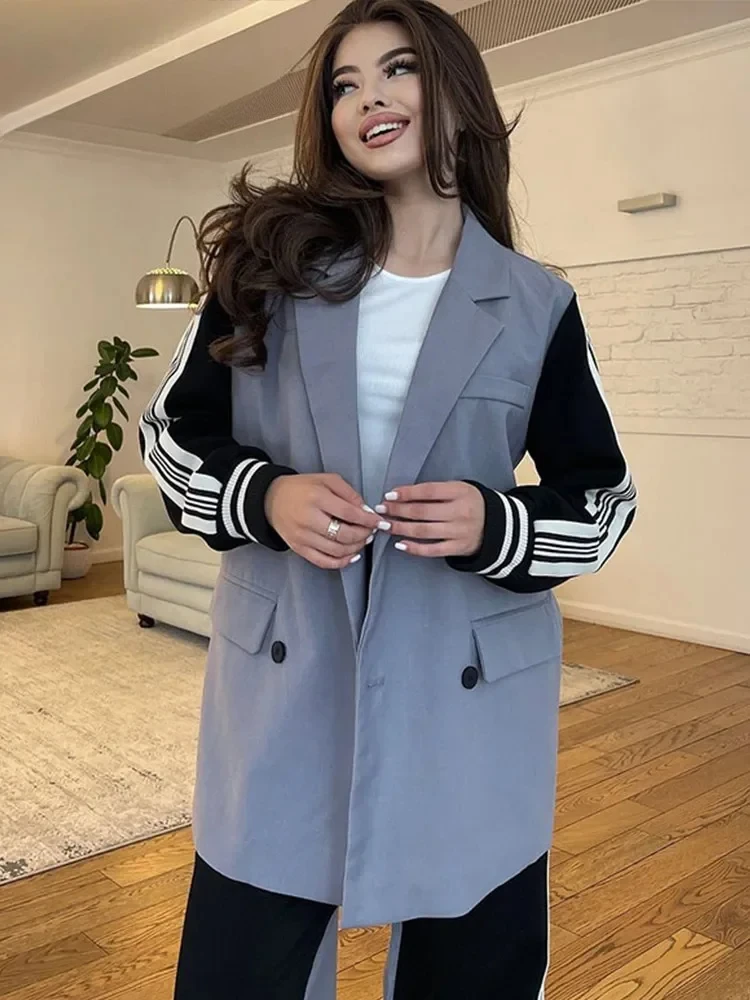 Casual Patchwork Stripe Pants Set Women Long Sleeve Double Breasted Coat Drawstring Loose Trousers Autumn Office Lady Outfi
Casual Patchwork Stripe Pants Set Women Long Sleeve Double Breasted Coat Drawstring Loose Trousers Autumn Office Lady Outfi