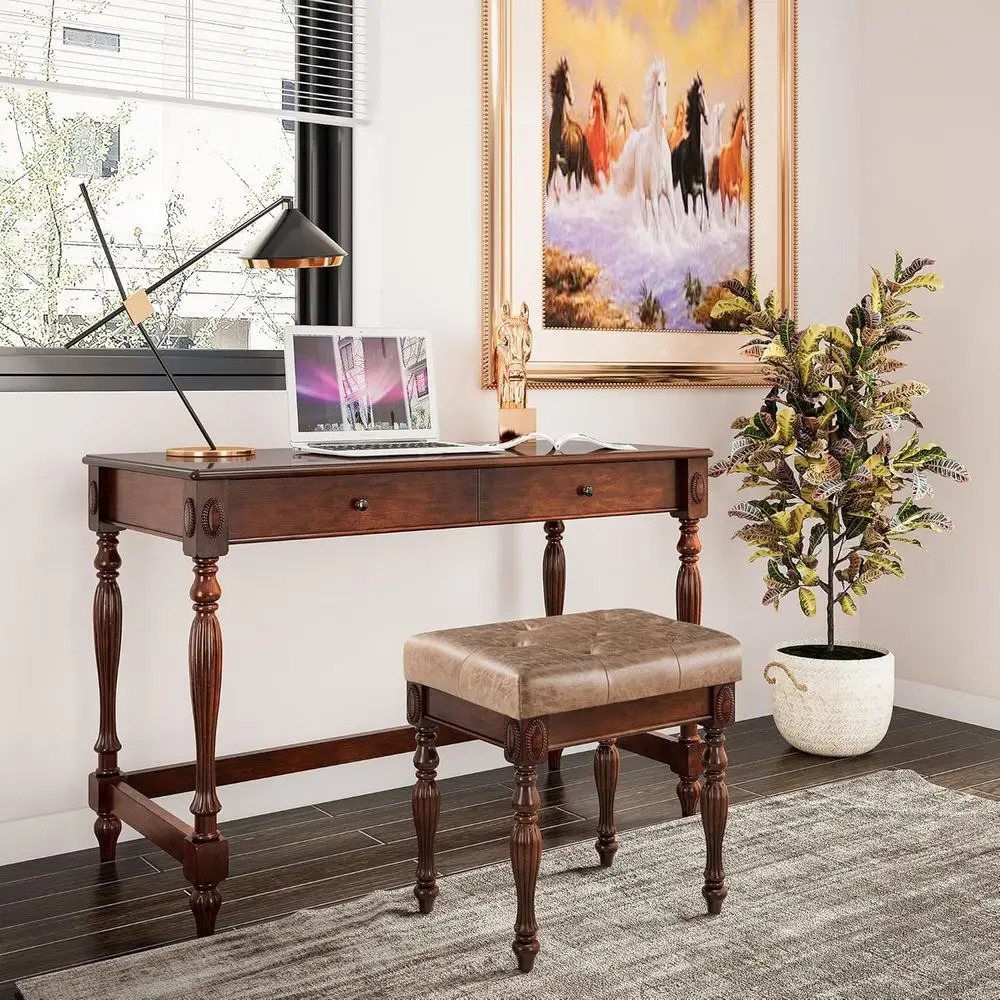 Vintage Wooden Writing Desk Stool Set, Large Secretary Desk and Cushioned Stool Set with 2 Ders, 46" W Wood Writing Table Vanity
Vintage Wooden Writing Desk Stool Set, Large Secretary Desk and Cushioned Stool Set with 2 Ders, 46" W Wood Writing Table Vanity