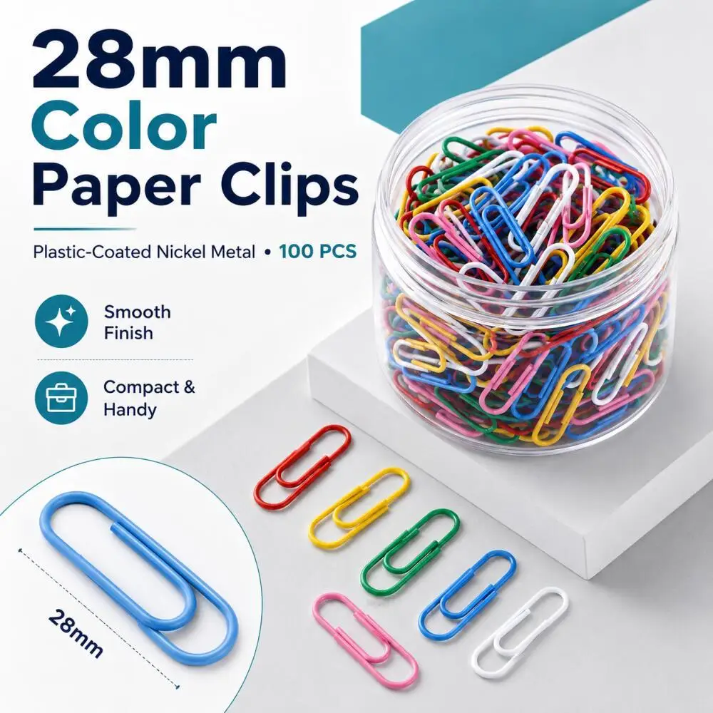 100 pcs colorful paper clips, vinyl coated, assorted colors, durable metal paper clips for office, school, and home use
100 pcs colorful paper clips, vinyl coated, assorted colors, durable metal paper clips for office, school, and home use